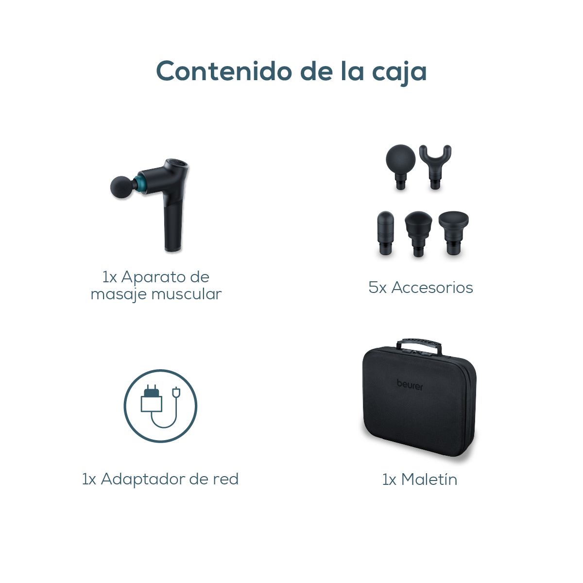 Pistola de masaje, Massage Gun con 5 accesorios, potente masaje de puntos gatillo, relajación de tensiones, masajeador muscular con 9 niveles de intensidad, con batería recargable MG 185 - Marca Beurer