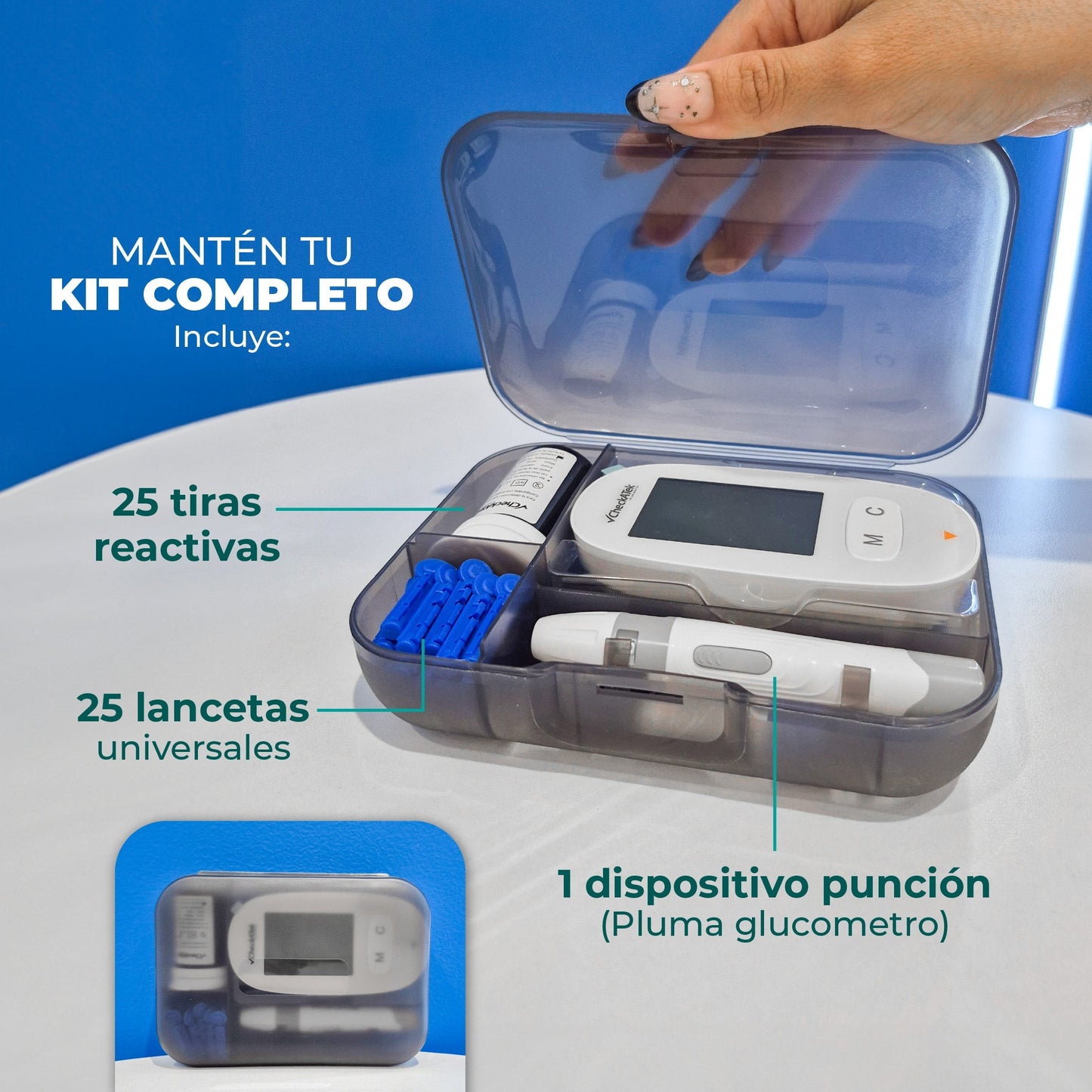Glucómetro pantalla LCD con 25 tiras reactivas, pluma de punción de lancetas y estuche Checkatek