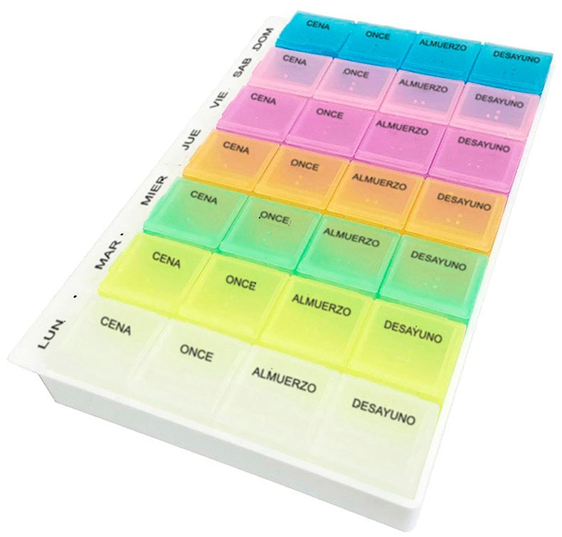 Pastillero semanal de 28 compartimentos y colores codificados Handy