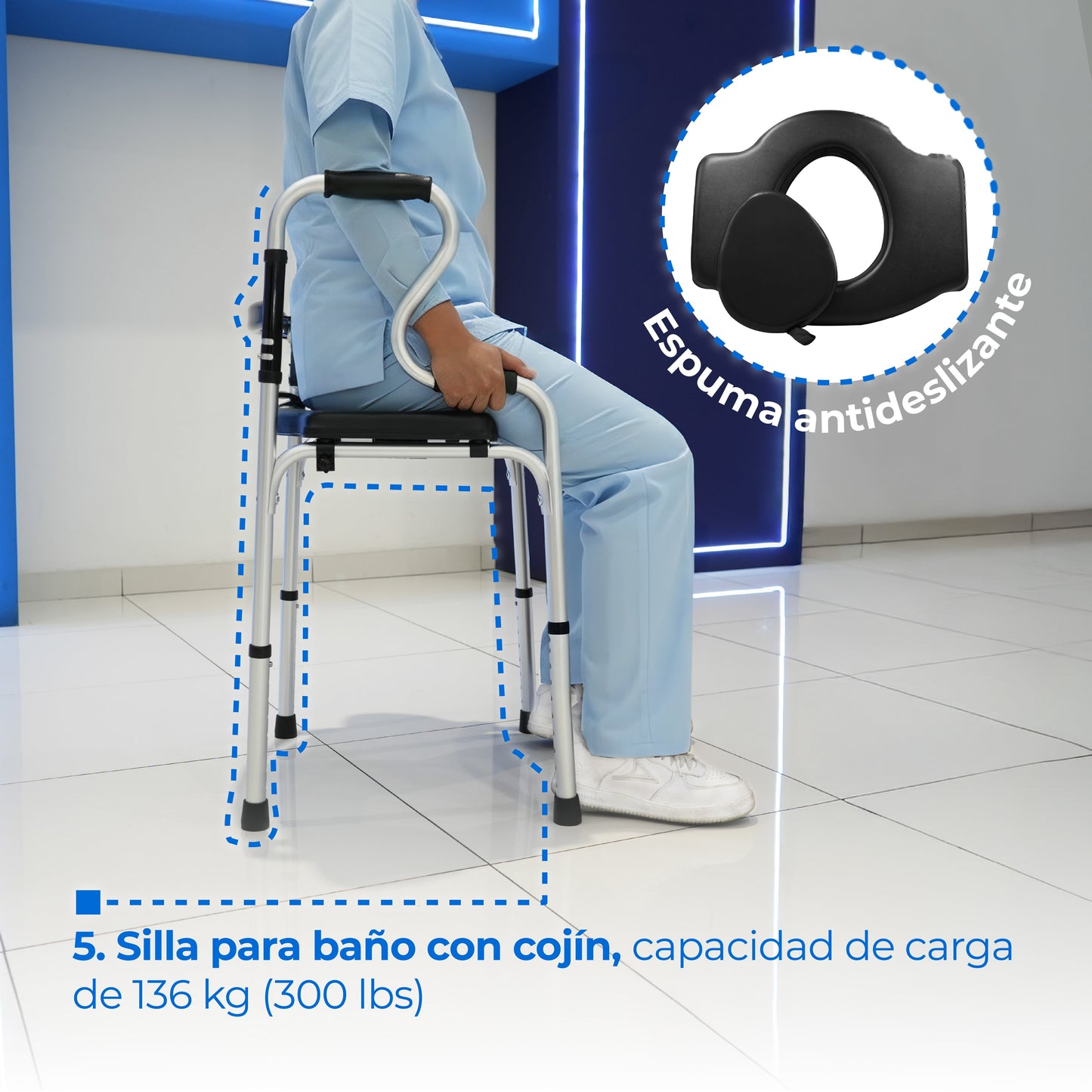Andadera plegable AN15GDP con asiento elevado, cómodo extraíble de 5 L y y funciones para baño | Marca Handy