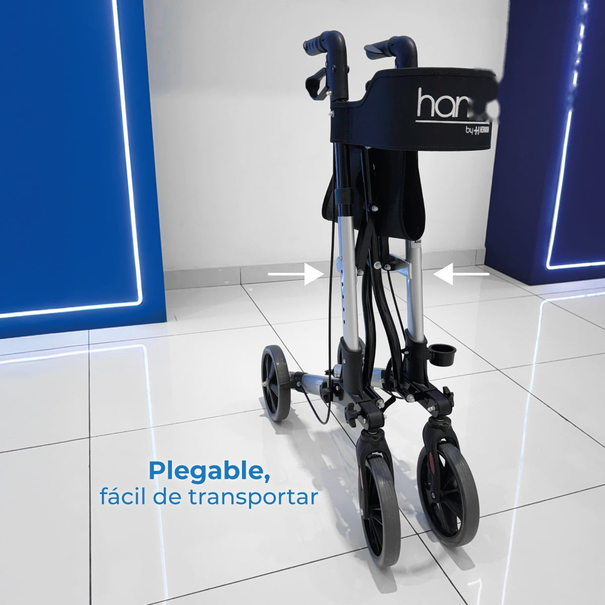 Andadera plegable con ruedas, asiento acolchado, porta bastón y ajuste de altura AN01A | Marca Handy