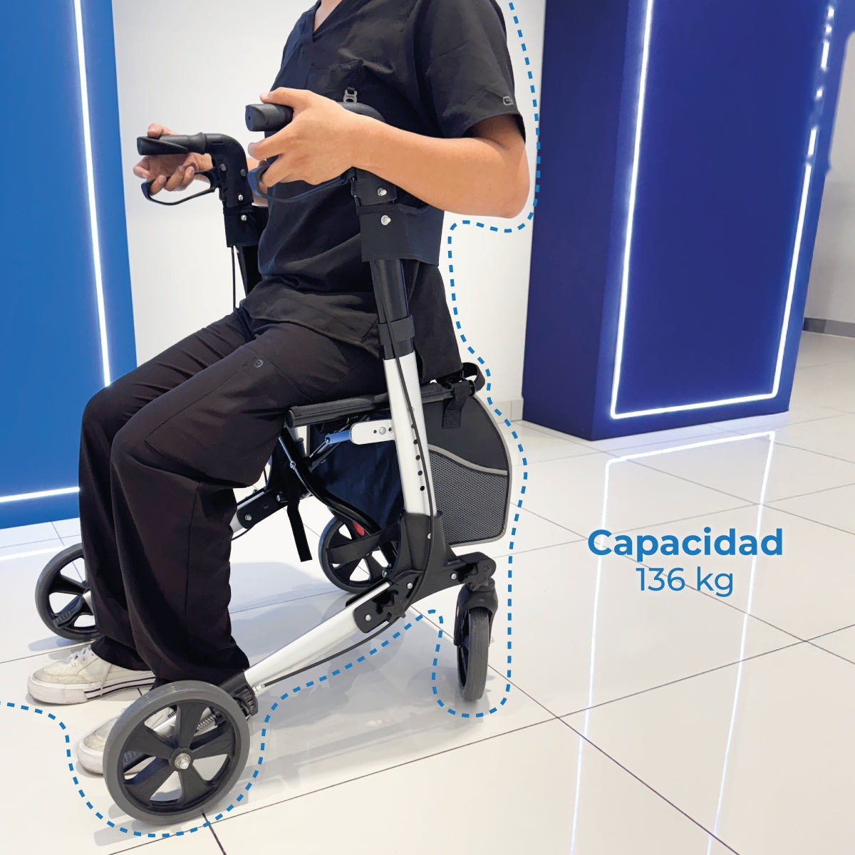 Andadera plegable con ruedas, asiento acolchado, porta bastón y ajuste de altura AN01A | Marca Handy