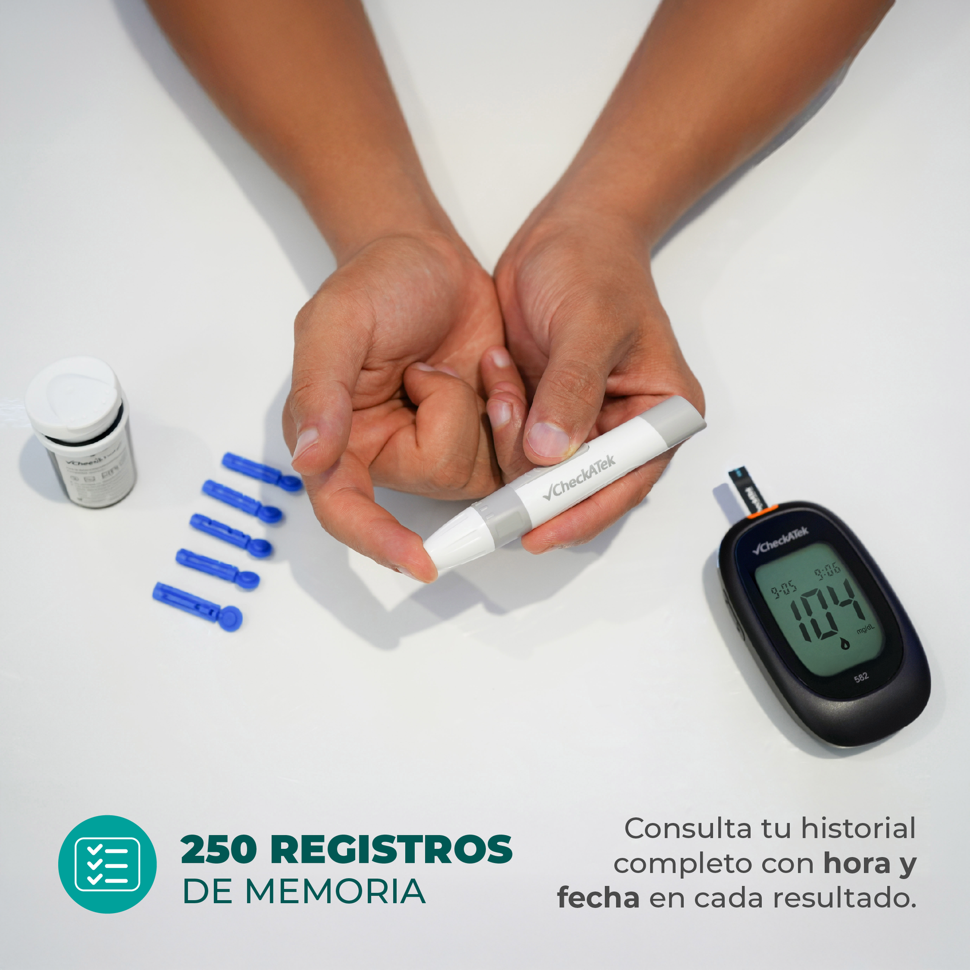 Glucómetro digital portátil con Memoria 250 Registros GL582 | Marca Checkatek