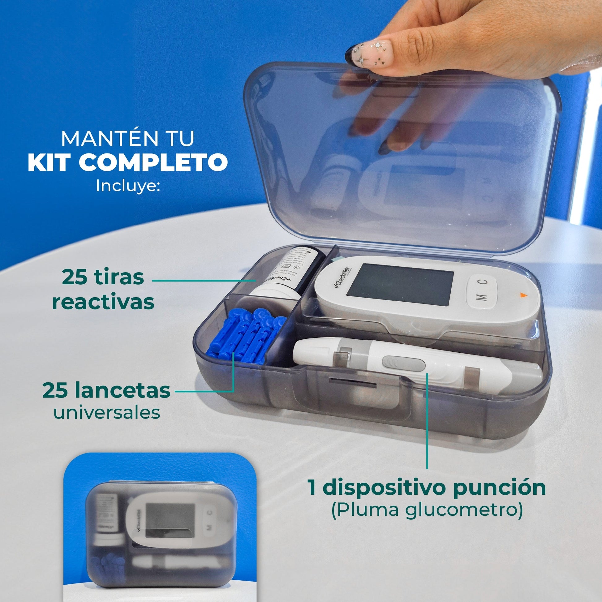 Glucómetro pantalla LCD con 25 tiras reactivas, pluma de punción de lancetas y estuche | Marca Checkatek