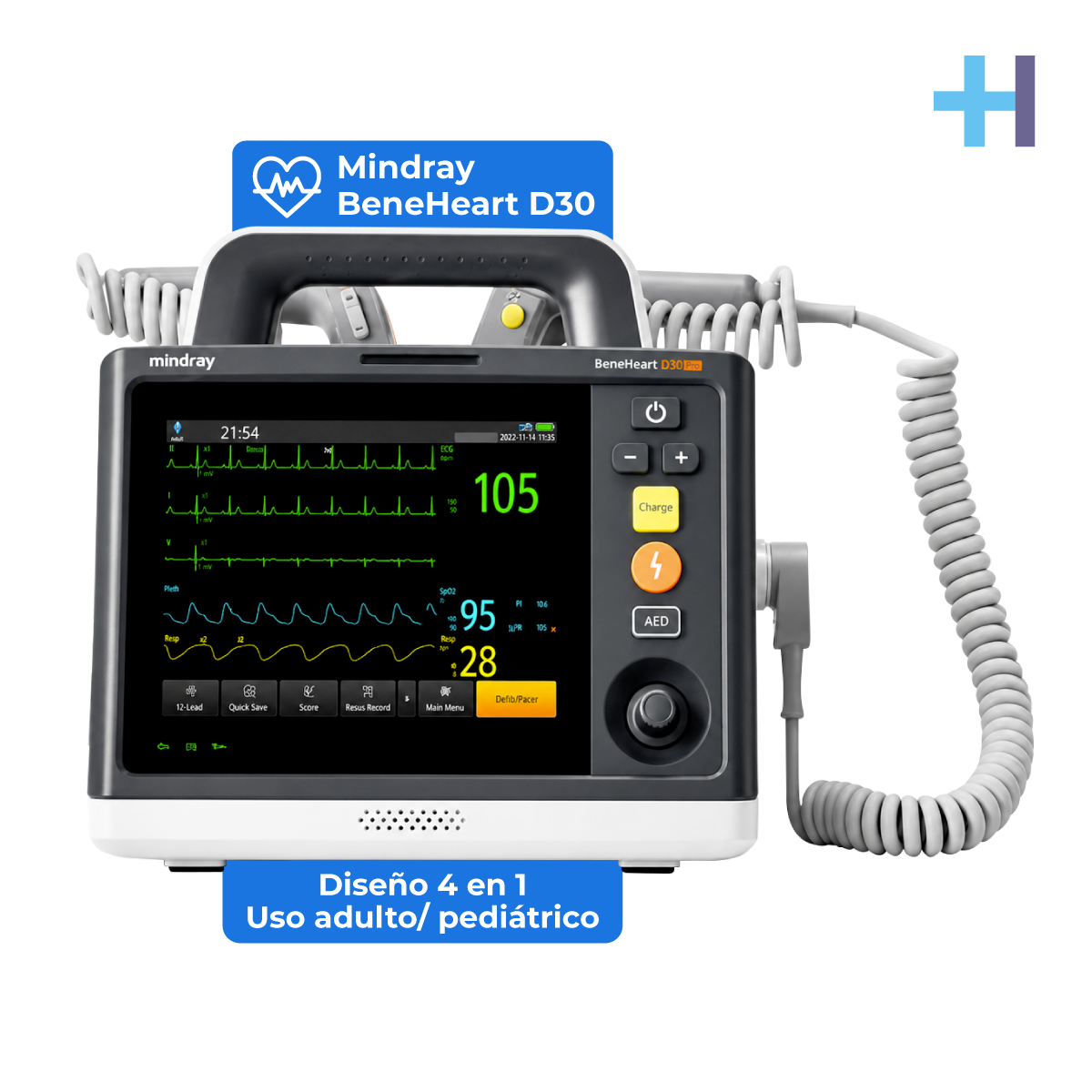 Desfibrilador monitor adulto-pediátrico BeneHeart D30 con ECG, SPO2 y PANI 4 en 1  - Marca Mindray