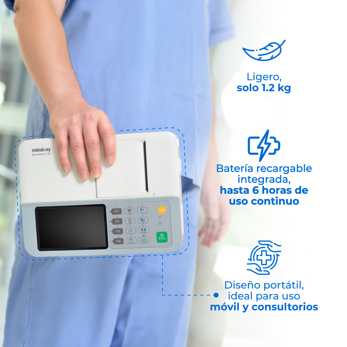 Electrocardiógrafo Portátil de 3 Canales, Pantalla 5 Pulgadas y Alta Resolución / BeneHeart R3 ECG Marca Mindray