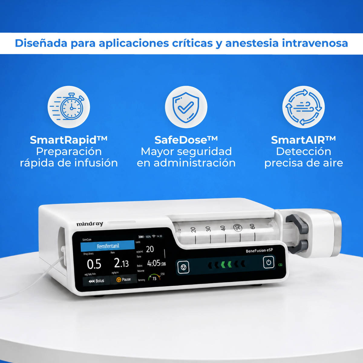 Bomba de Infusión de Jeringa con TIVA TCI de Uso Humano con Pantalla Táctil Capacitiva de 3.5 Pulgadas BeneFusion | Marca Mindray