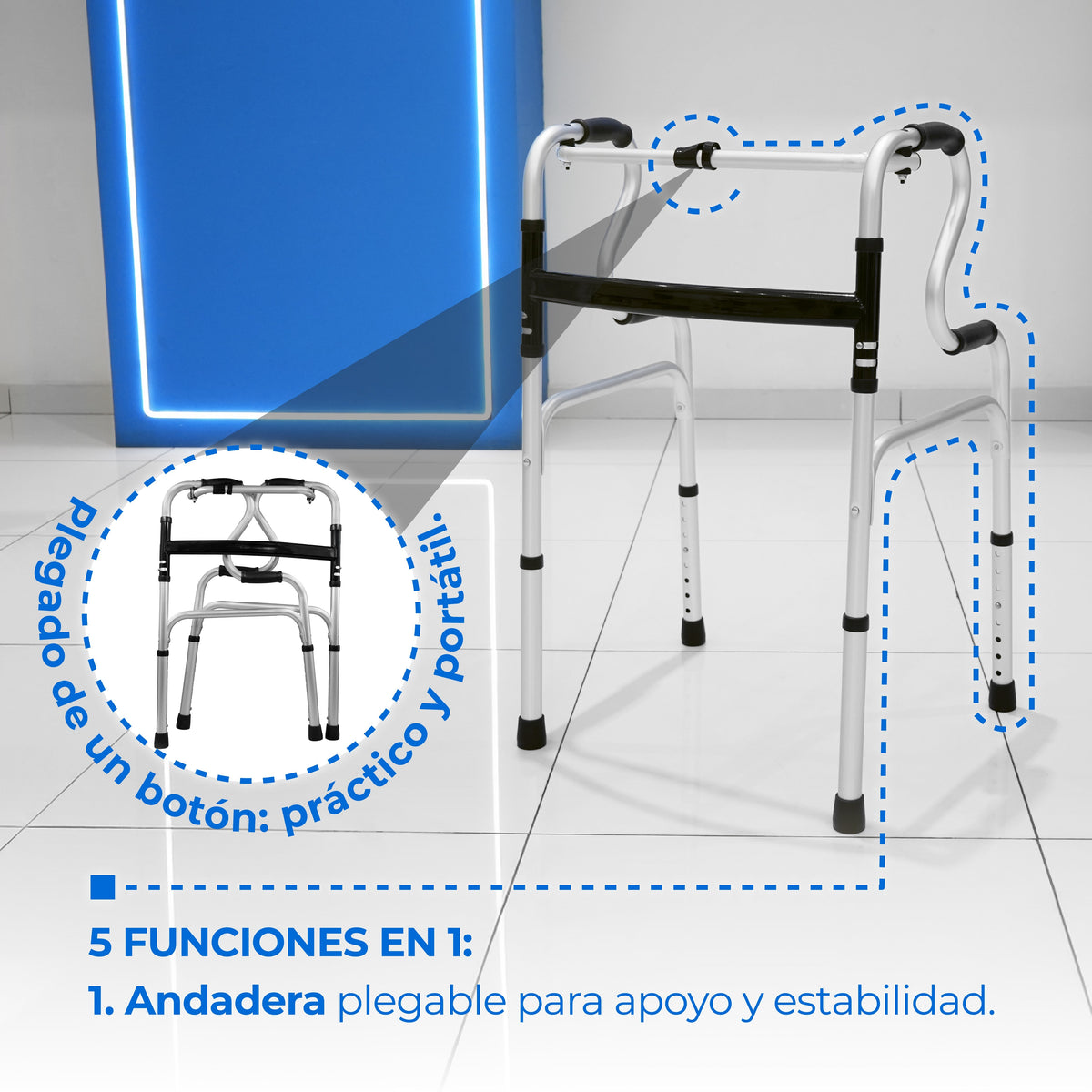 Andadera plegable AN15GDP con asiento elevado, cómodo extraíble de 5 L y y funciones para baño Handy