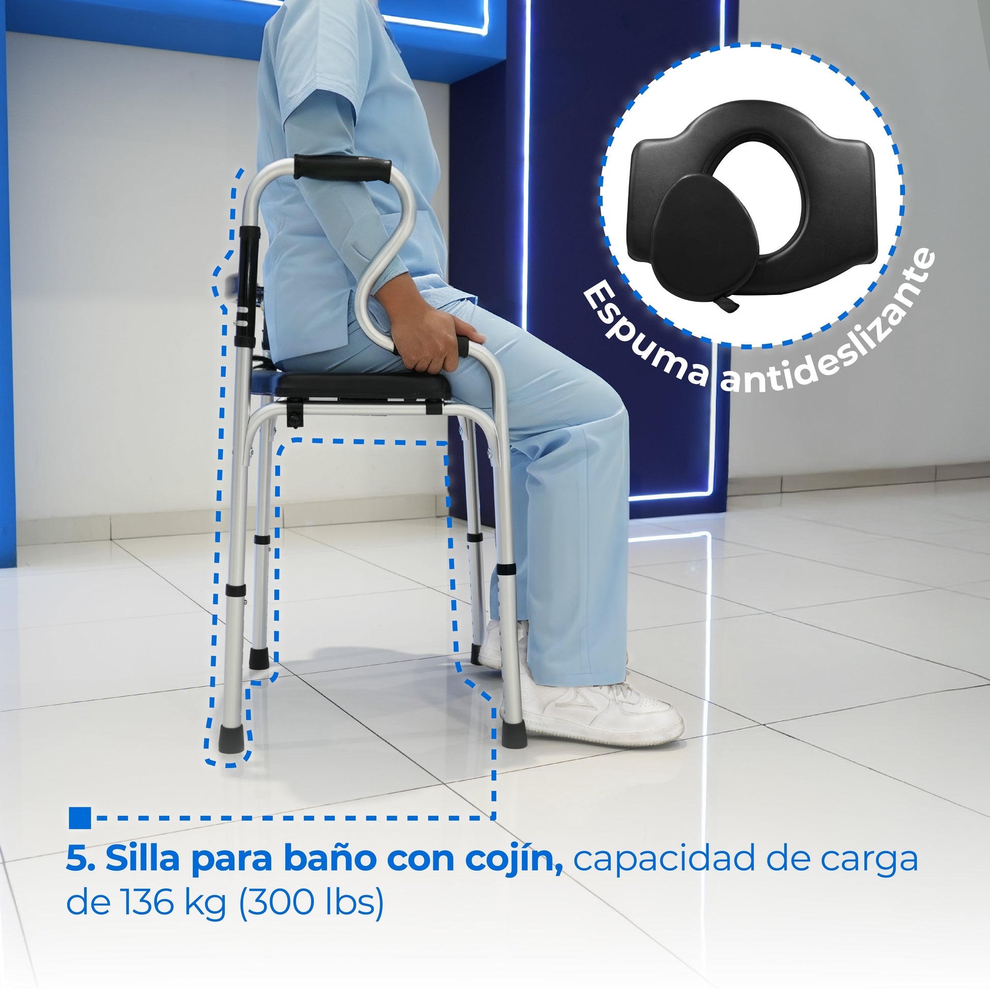 Andadera plegable AN15GDP con asiento elevado, cómodo extraíble de 5 L y y funciones para baño Handy