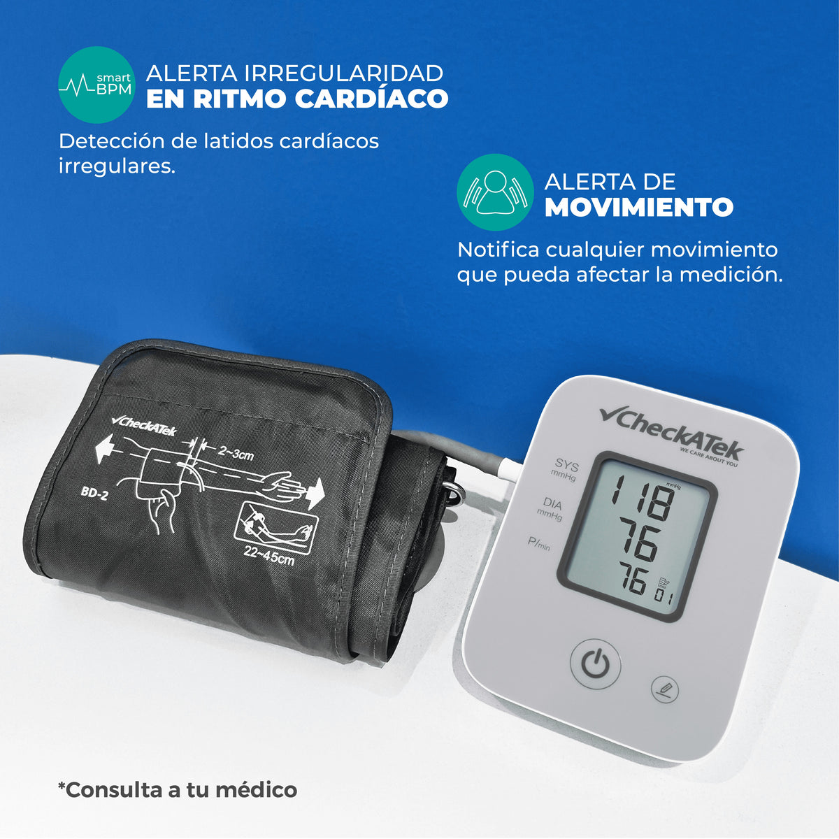 Baumanómetro Digital Automático de Brazo con Pantalla LCD y 80 Memorías BD-2 | Preciso y de fácil uso Checkatek