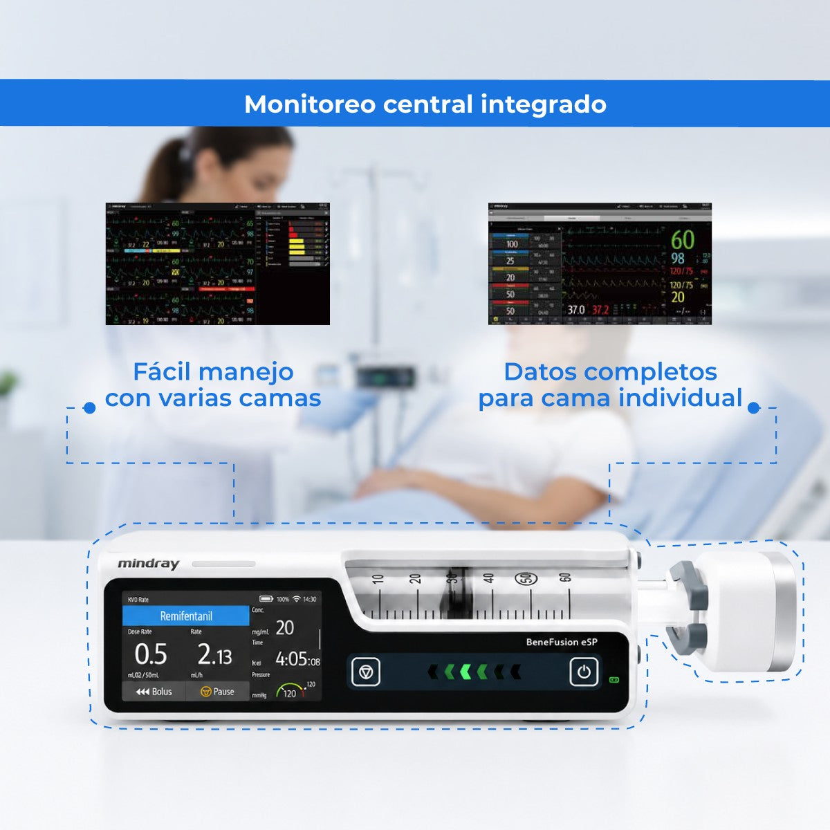 Bomba de Infusión de Jeringa con TIVA TCI de Uso Humano con Pantalla Táctil Capacitiva de 3.5 Pulgadas BeneFusion Mindray