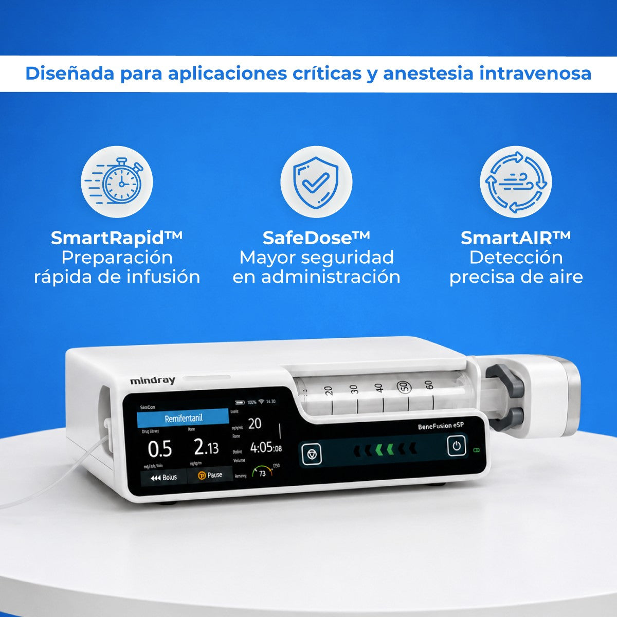 Bomba de Infusión de Jeringa con TIVA TCI de Uso Humano con Pantalla Táctil Capacitiva de 3.5 Pulgadas BeneFusion Mindray