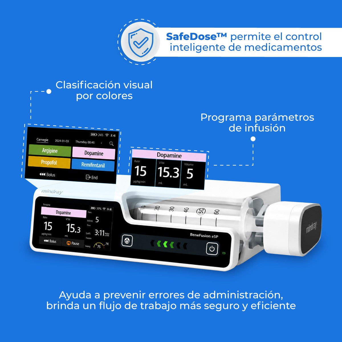 Bomba de Infusión de Jeringa con TIVA TCI de Uso Humano con Pantalla Táctil Capacitiva de 3.5 Pulgadas BeneFusion Mindray