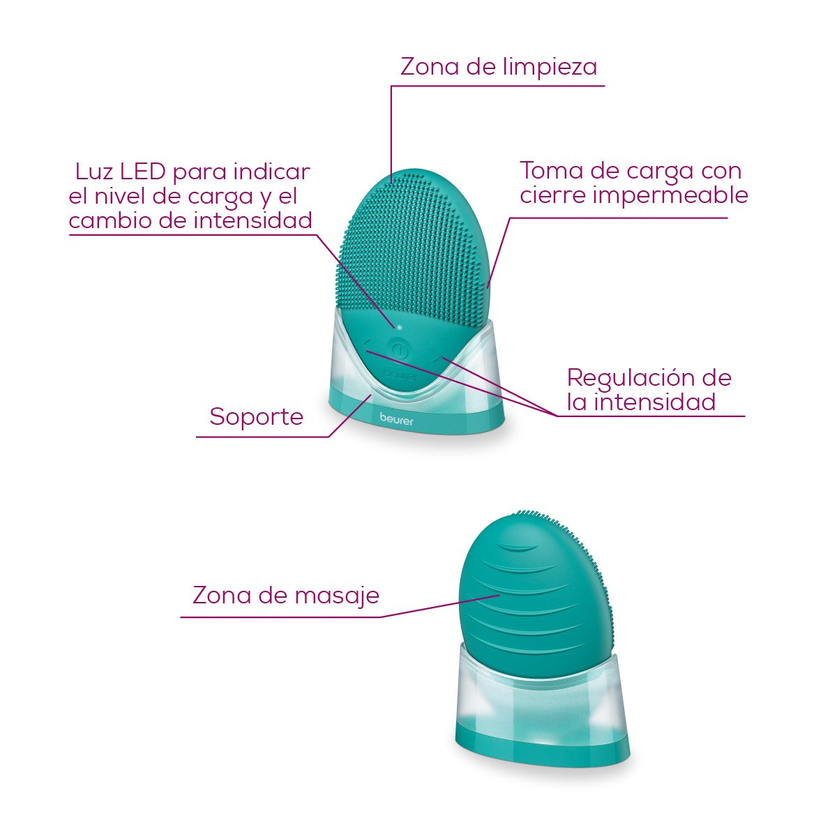 Cepillo facial de silicona, limpieza en profundidad de los poros y masaje de la piel, resistente al agua, apto para todo tipo de pieles FC52 Beurer