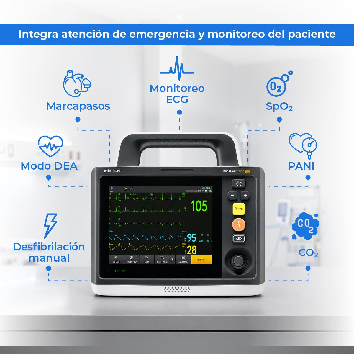 Desfibrilador monitor adulto-pediátrico BeneHeart D30 con ECG, SPO2 y PANI 4 en 1 Mindray