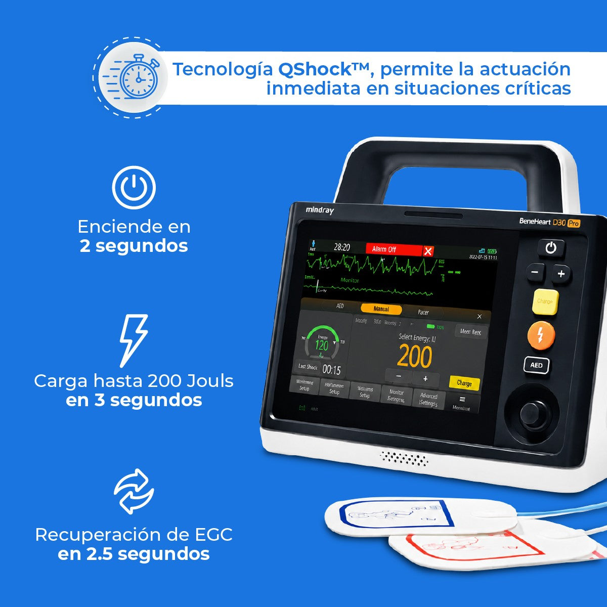 Desfibrilador monitor adulto-pediátrico BeneHeart D30 con ECG, SPO2 y PANI 4 en 1 Mindray