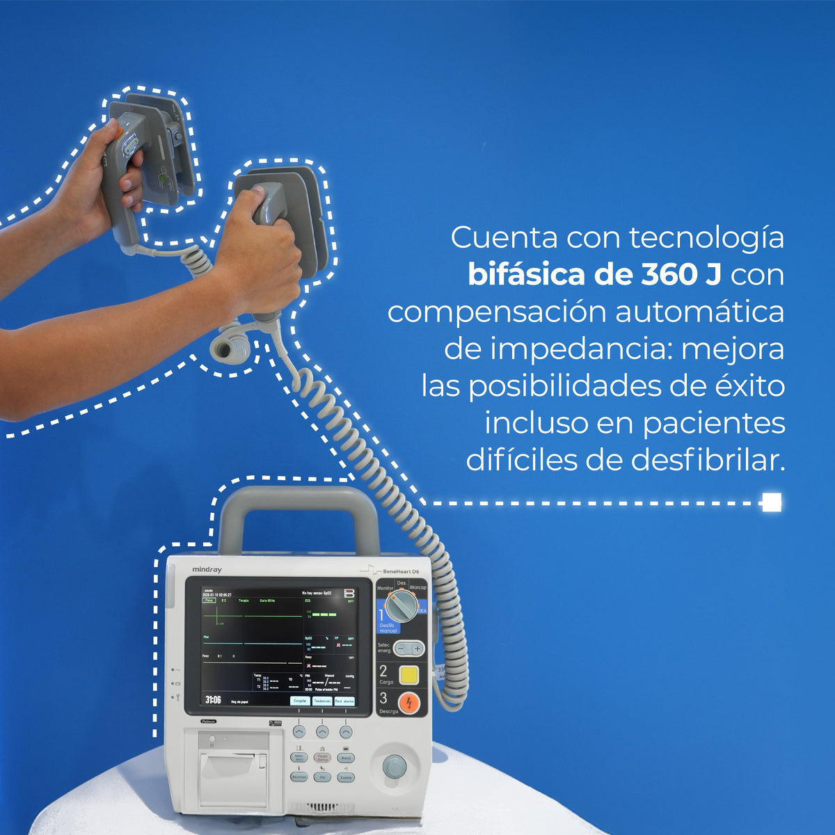 Desfibrilador Monitor Bifásico Profesional 4 en 1 Desfibrilación Manual, DEA, Marcapasos y Monitorización / BeneHeart D6 Marca Mindray