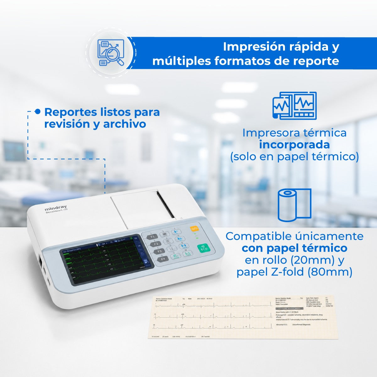 Electrocardiógrafo Portátil de 3 Canales, Pantalla 5 Pulgadas y Alta Resolución / BeneHeart R3 ECG Marca Mindray