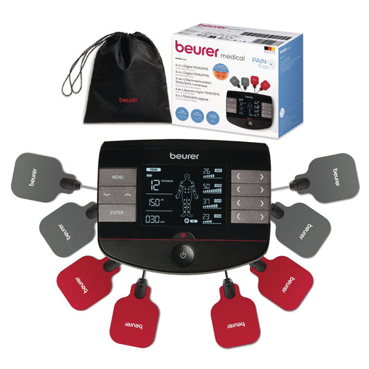 Electroestimulador muscular con función de calor, 3 en 1 (EMS, TENS y masaje) con electrodos de gel Beurer