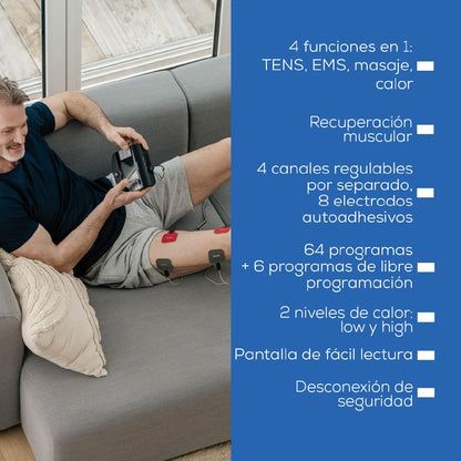 Electroestimulador muscular con función de calor, 3 en 1 (EMS, TENS y masaje) con electrodos de gel Beurer