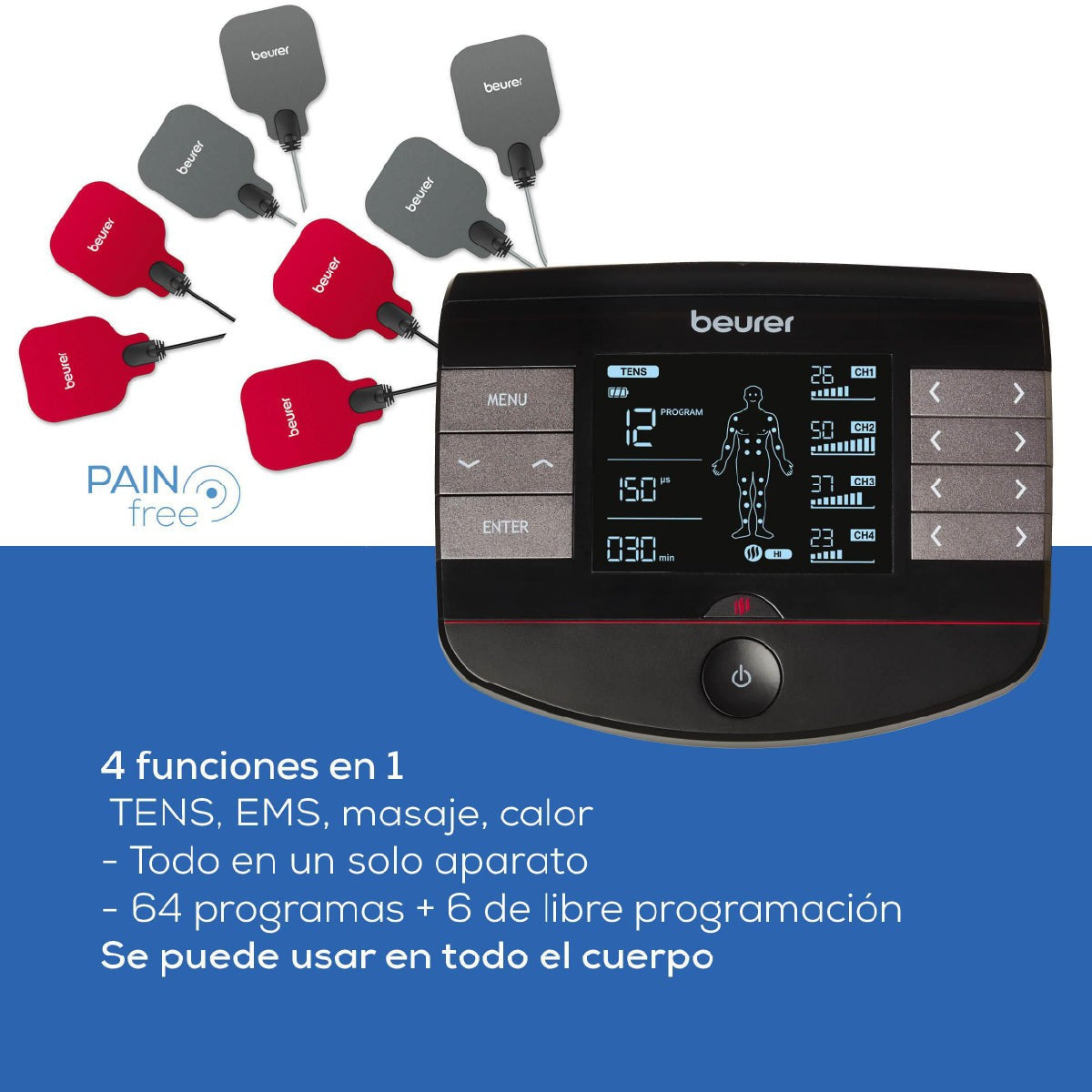 Electroestimulador muscular con función de calor, 3 en 1 (EMS, TENS y masaje) con electrodos de gel Beurer