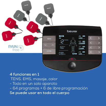 Electroestimulador muscular con función de calor, 3 en 1 (EMS, TENS y masaje) con electrodos de gel Beurer
