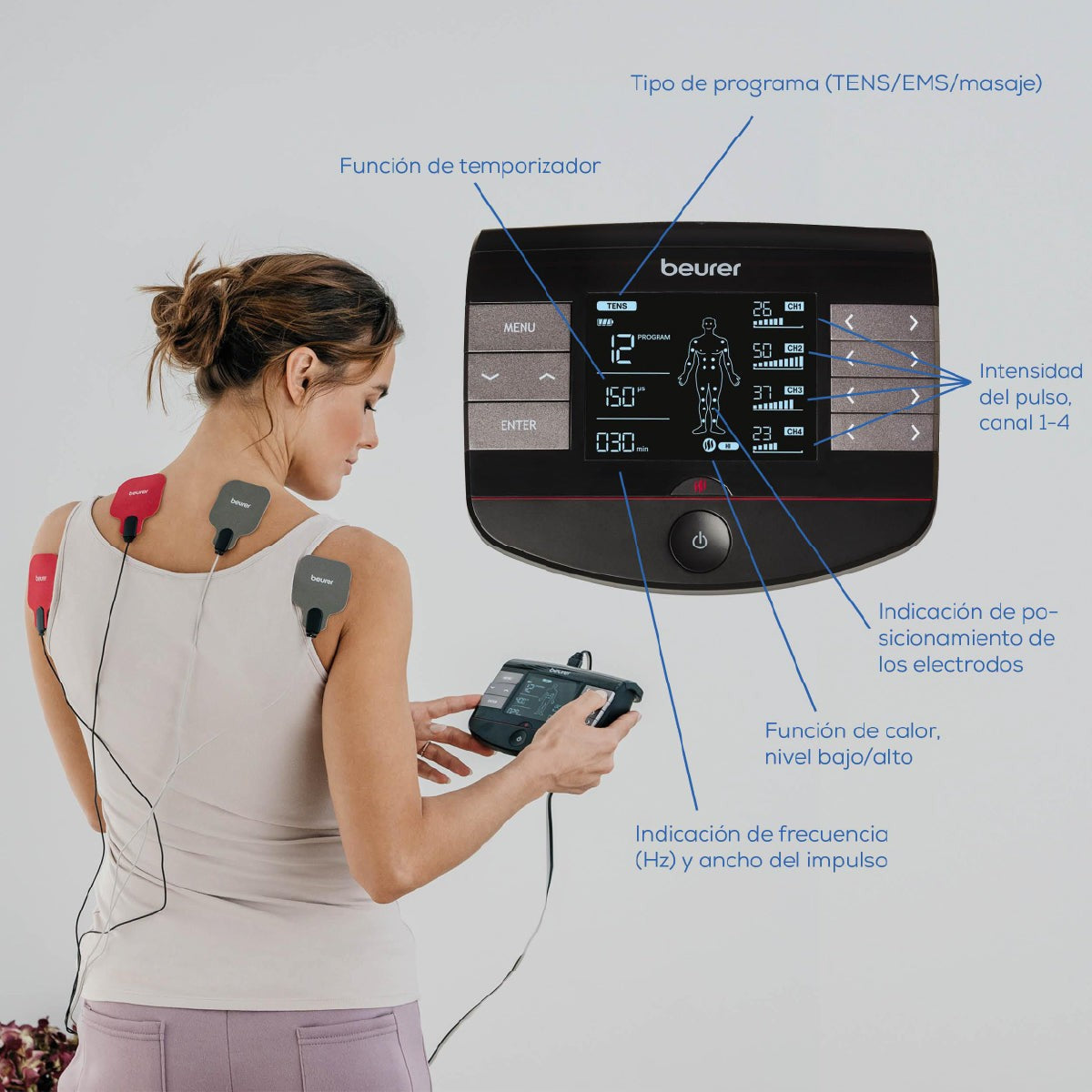 Electroestimulador muscular con función de calor, 3 en 1 (EMS, TENS y masaje) con electrodos de gel Beurer