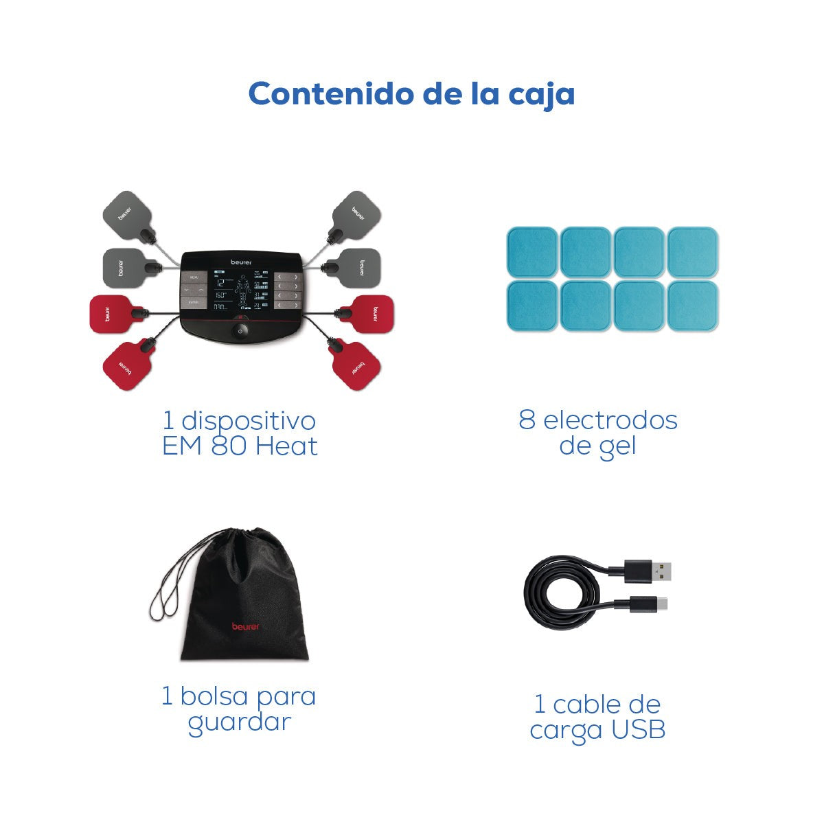 Electroestimulador muscular con función de calor, 3 en 1 (EMS, TENS y masaje) con electrodos de gel Beurer