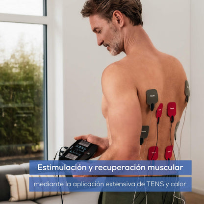 Electroestimulador muscular con función de calor, 3 en 1 (EMS, TENS y masaje) con electrodos de gel Beurer