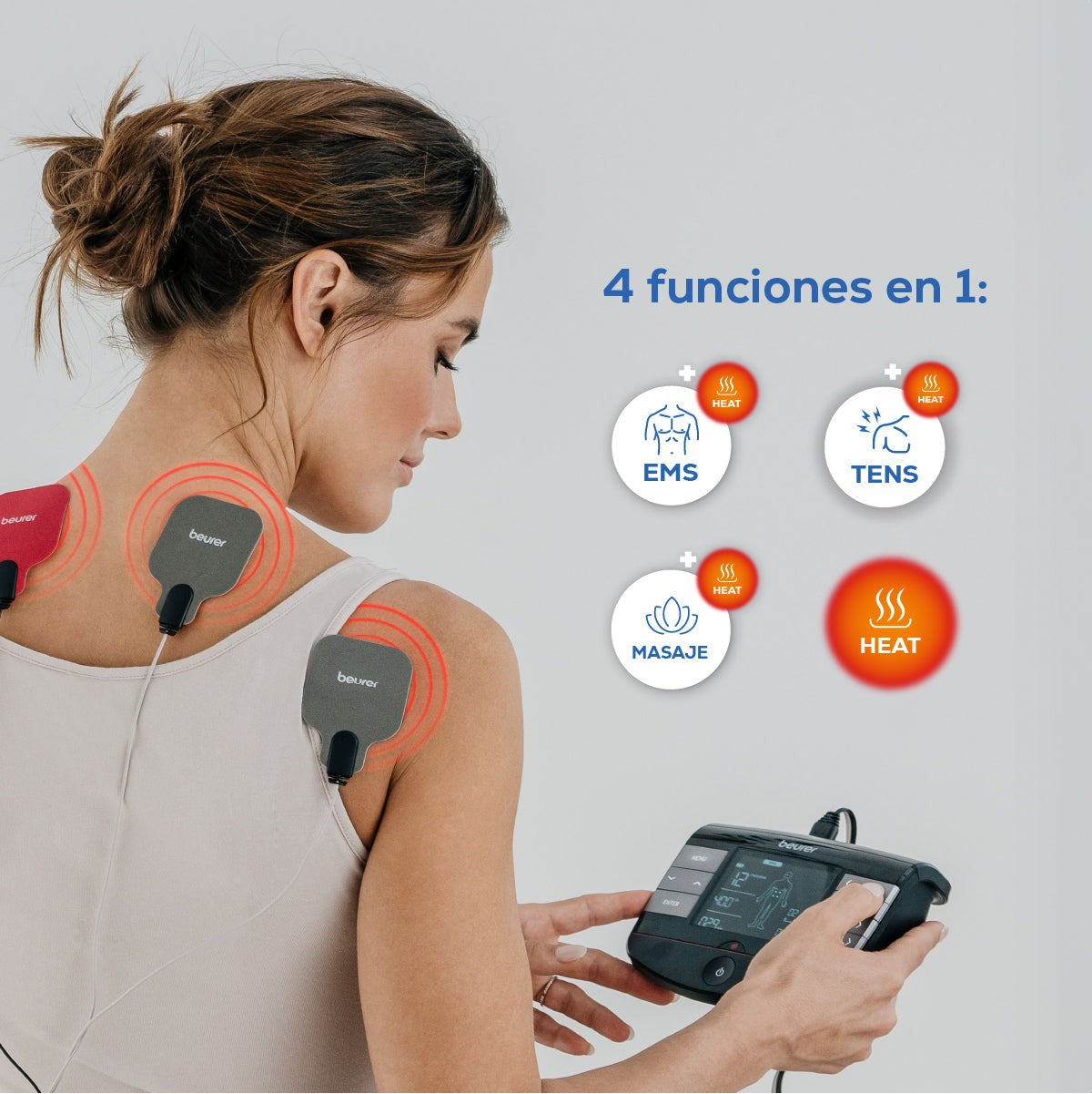Electroestimulador muscular con función de calor, 3 en 1 (EMS, TENS y masaje) con electrodos de gel Beurer