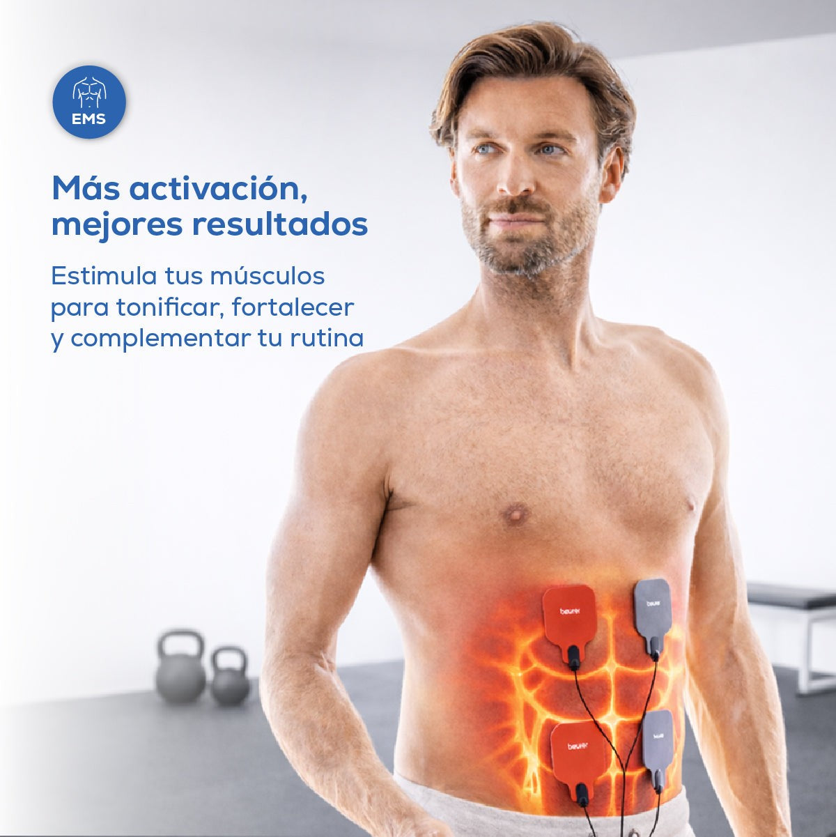Electroestimulador muscular con función de calor, 3 en 1 (EMS, TENS y masaje) con electrodos de gel Beurer