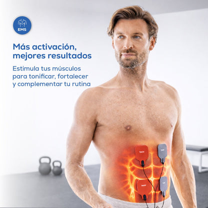 Electroestimulador muscular con función de calor, 3 en 1 (EMS, TENS y masaje) con electrodos de gel Beurer