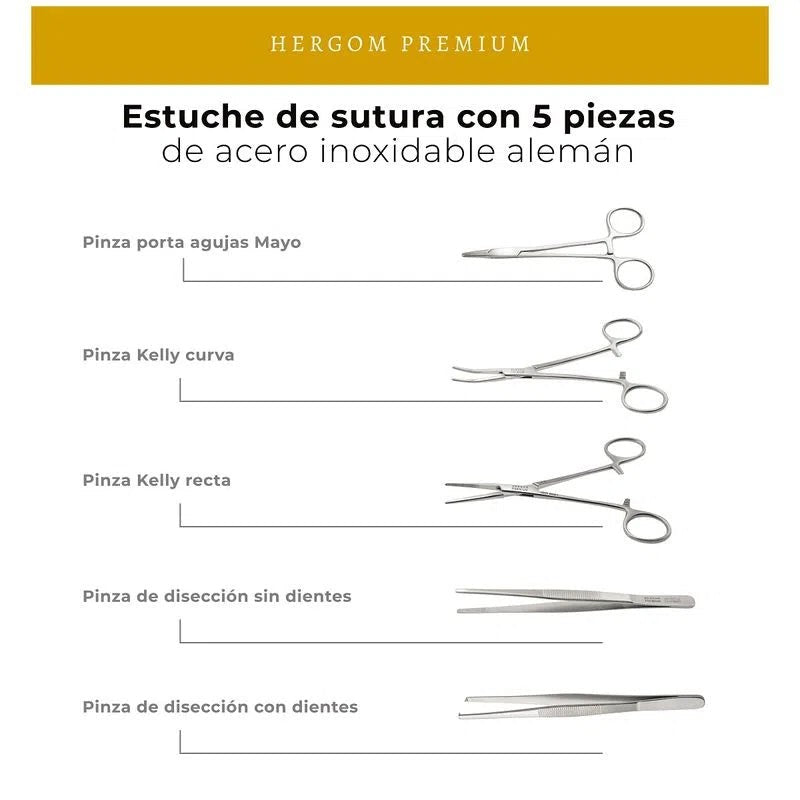 Estuche de sutura con 5 piezas + Pad de Silicón de 3 Capas | Acero inoxidable Alemán de alta calidad