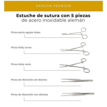 Estuche de sutura con 5 piezas + Pad de Silicón de 3 Capas | Acero inoxidable Alemán de alta calidad