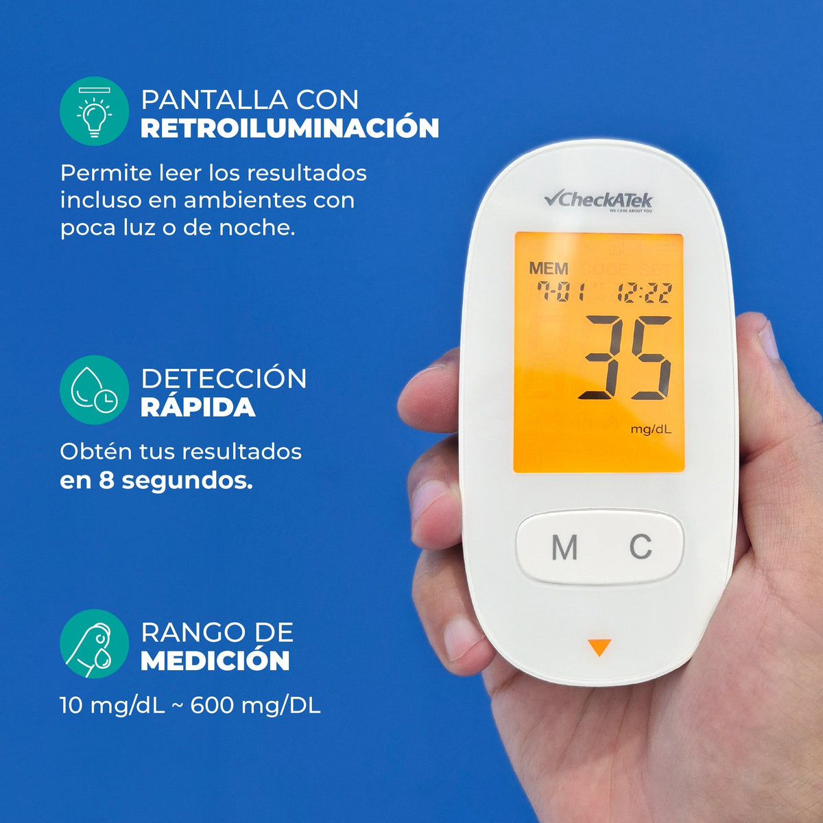 Glucómetro pantalla LCD con 25 tiras reactivas, pluma de punción de lancetas y estuche Checkatek