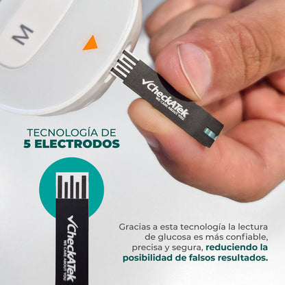 Glucómetro pantalla LCD con 25 tiras reactivas, pluma de punción de lancetas y estuche Checkatek