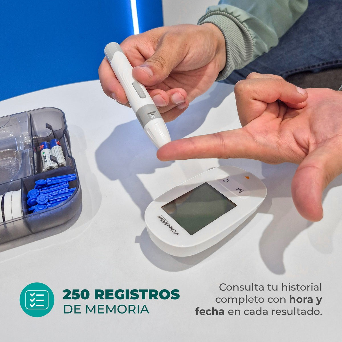 Glucómetro pantalla LCD con 25 tiras reactivas, pluma de punción de lancetas y estuche Checkatek