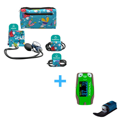 Kit de Baumanómetro Pediátrico con Set de 3 Brazaletes + Oxímetro digital de pulso / pulsioxímetro de uso pediátrico con estuche incluido