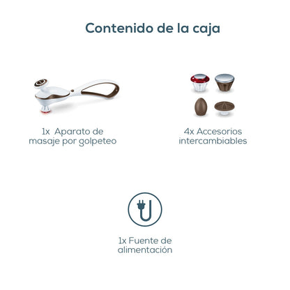 Masajeador por golpeteo con 5 niveles de intensidad, Batería de litio de alto rendimiento y 4 cabezas intercambiables Beurer