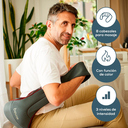 Masajeador Shiatsu 3D con 8 cabezales, 3 niveles de intensidad y funciones de luz y calor Beurer