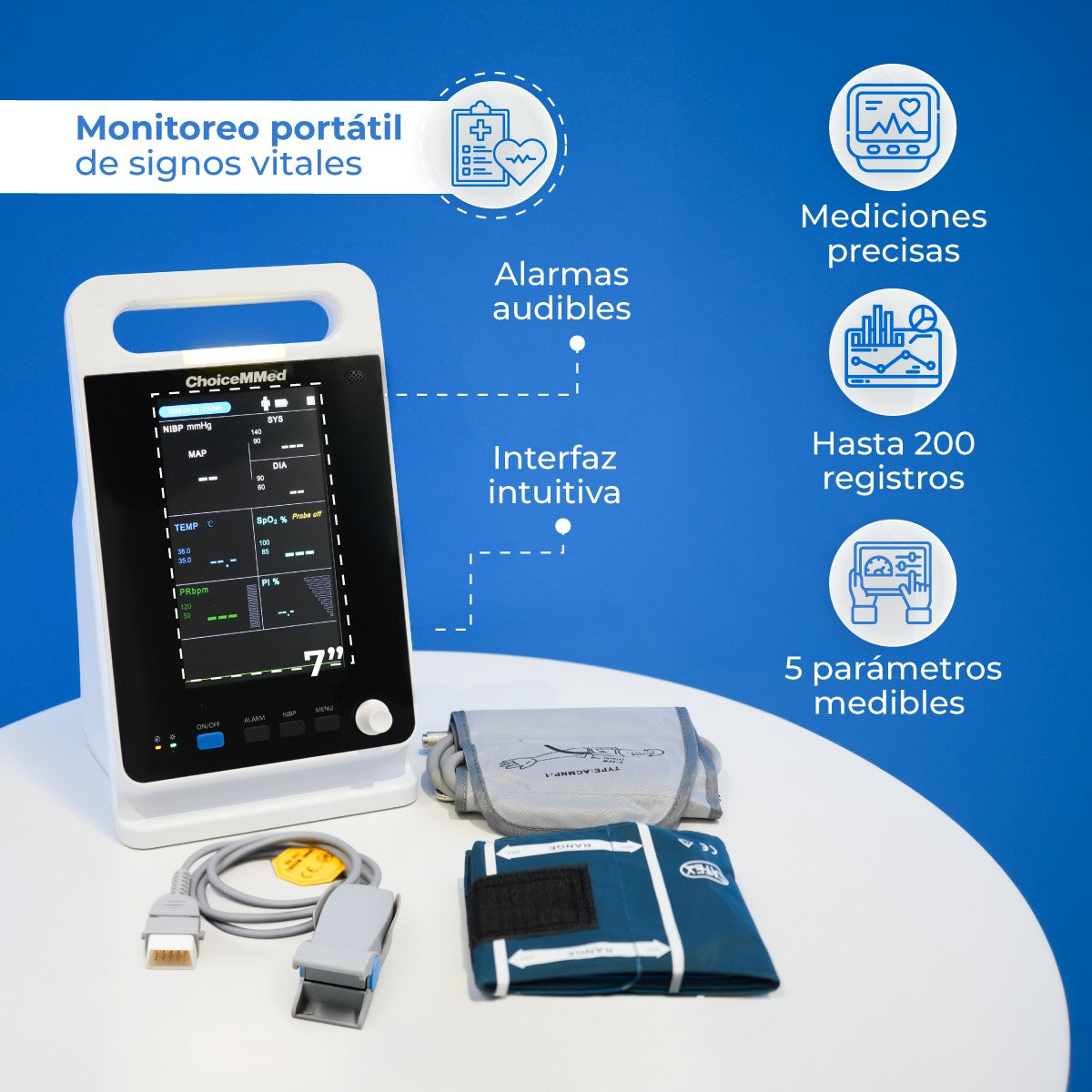 Monitor de signos vitales para uso adulto y pediátrico a color de 7" ligero y portátil Xignal