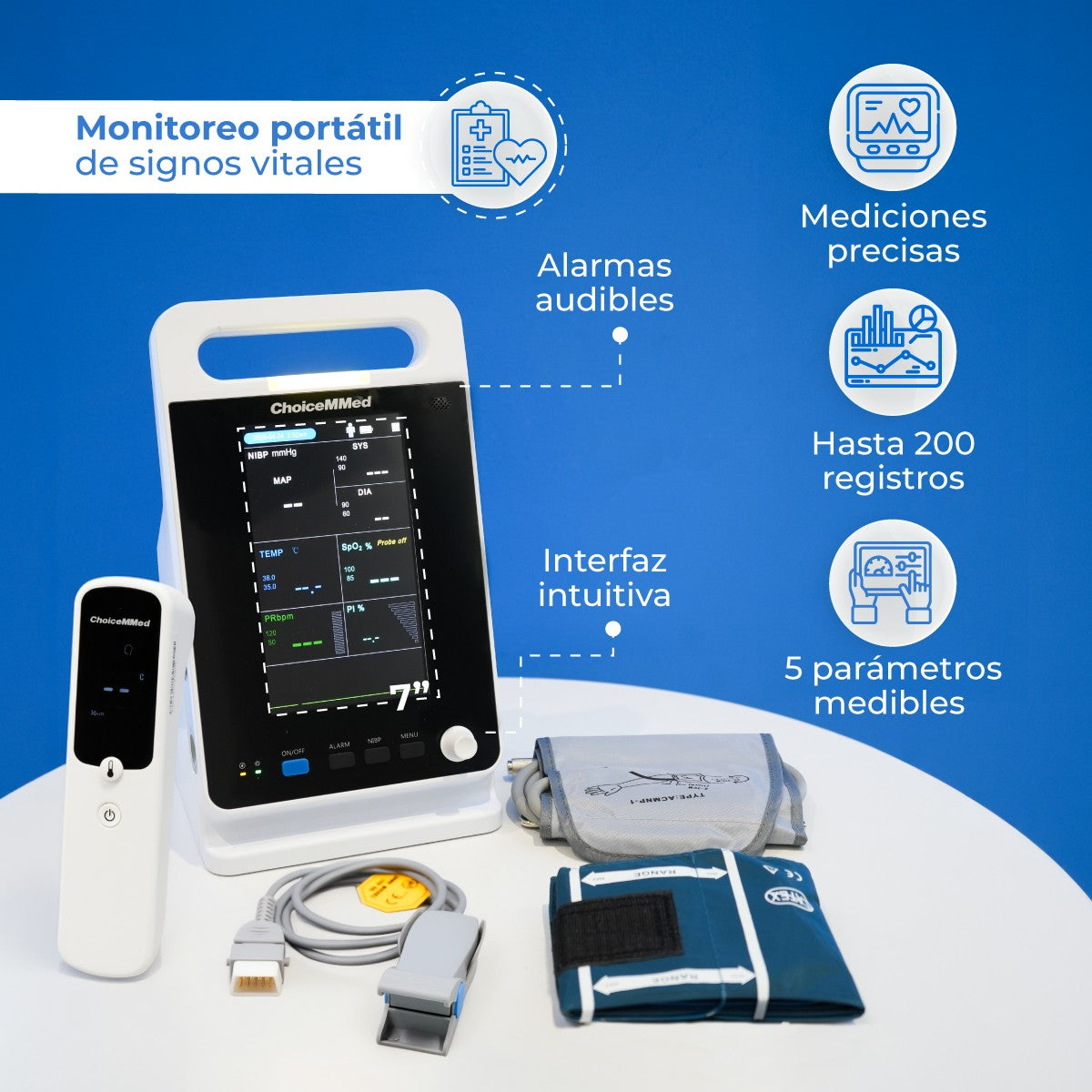 Monitor de signos vitales para uso adulto y pediátrico a color de 7" ligero y portátil Xignal