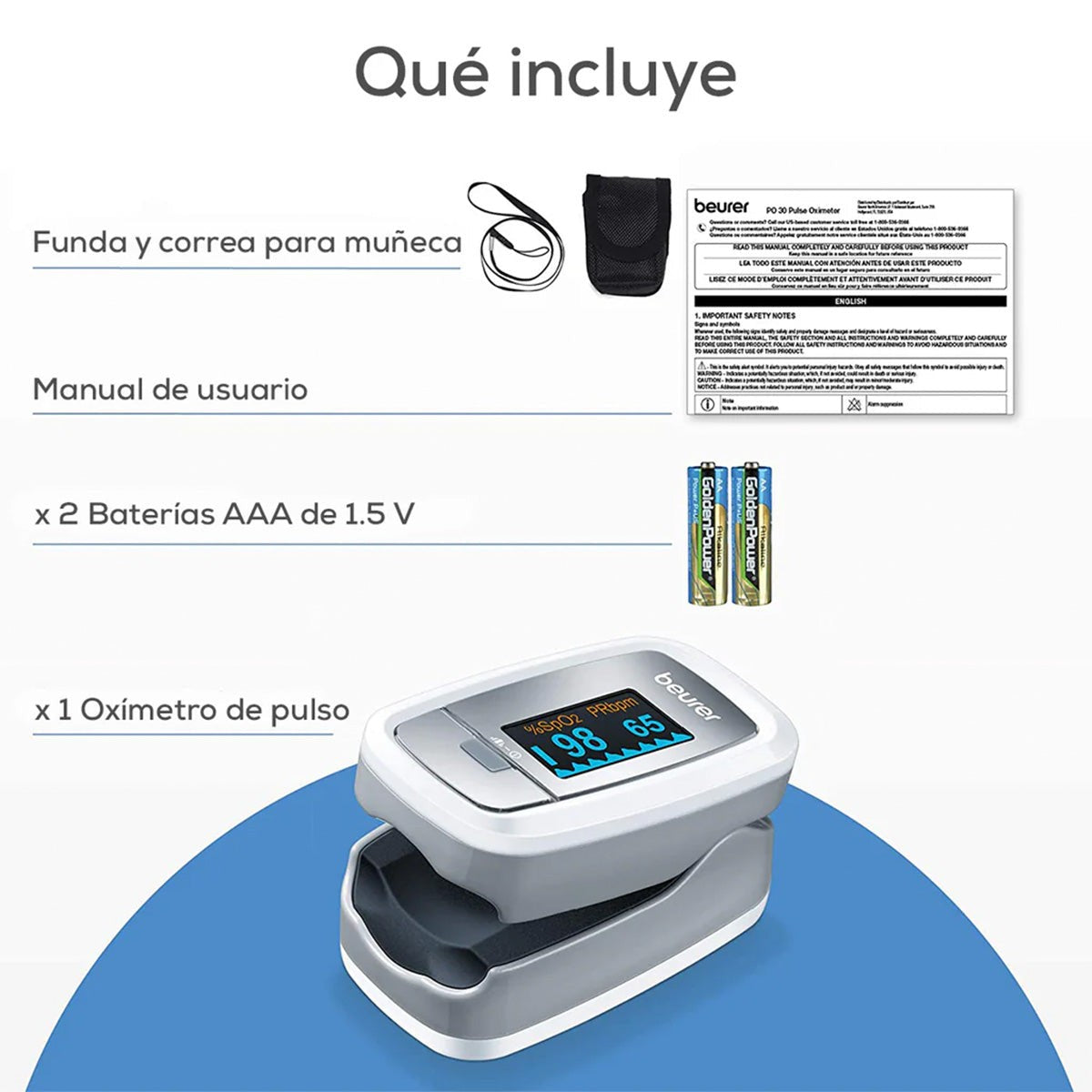 Oxímetro de Pulso PO30 para uso Adulto con pantalla rotativa con indicador SPO2 Beurer