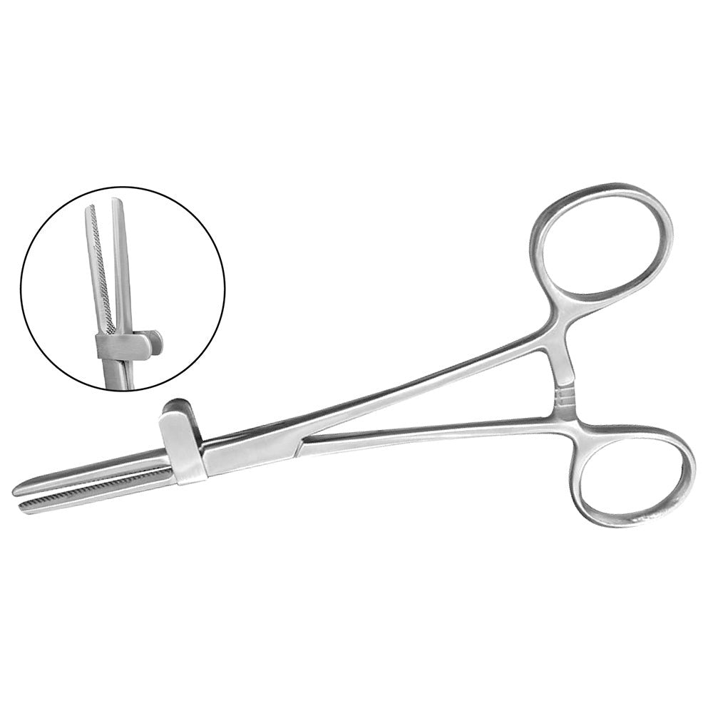 Pinza U.S para oclusion de tubo, quijada aserrada con guarda de 16 CM de longitud