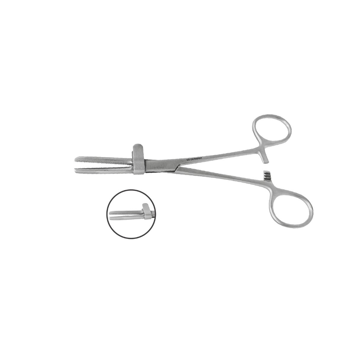 Pinza U.S para oclusion de tubo, quijada aserrada con guarda de 16 CM de longitud