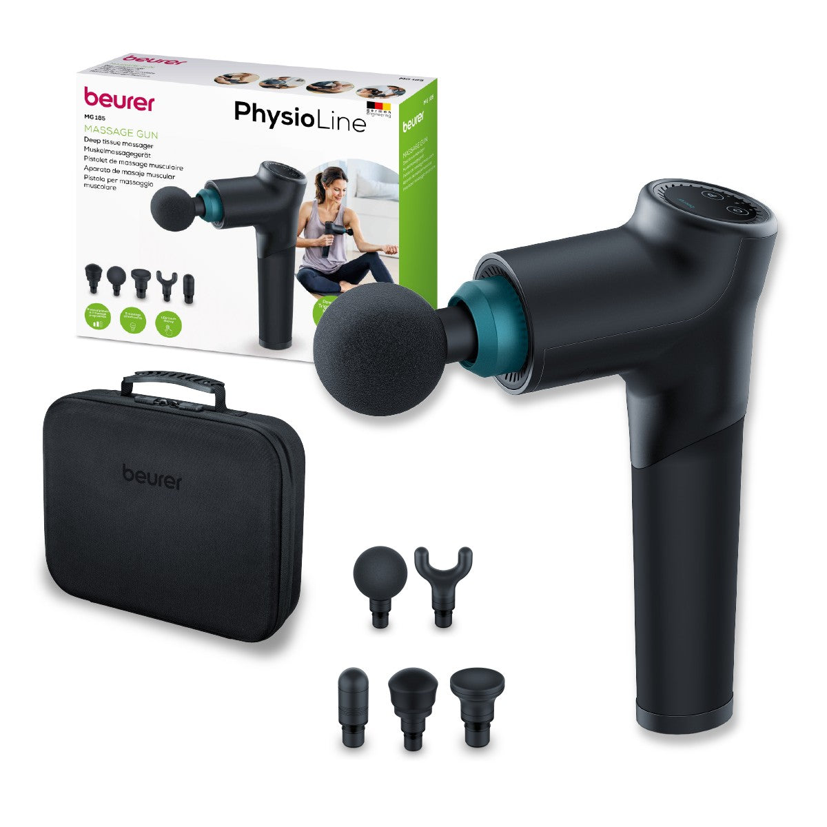 Pistola de masaje, Massage Gun con 5 accesorios, potente masaje de puntos gatillo, relajación de tensiones, masajeador muscular con 9 niveles de intensidad, con batería recargable MG 185 Beurer