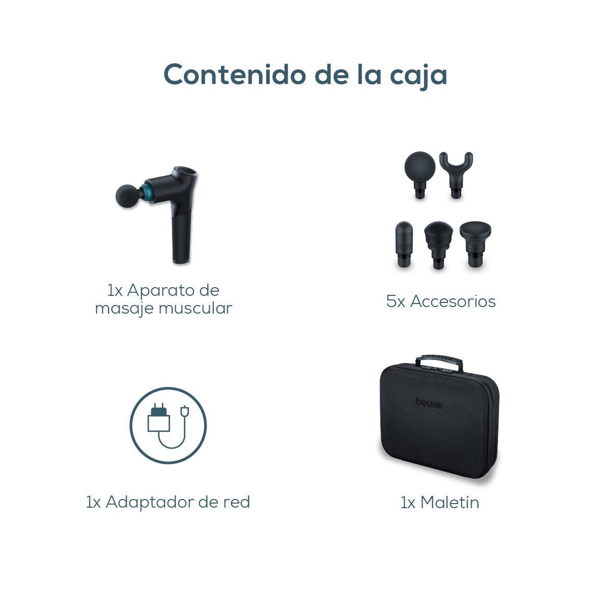 Pistola de masaje, Massage Gun con 5 accesorios, potente masaje de puntos gatillo, relajación de tensiones, masajeador muscular con 9 niveles de intensidad, con batería recargable MG 185 Beurer