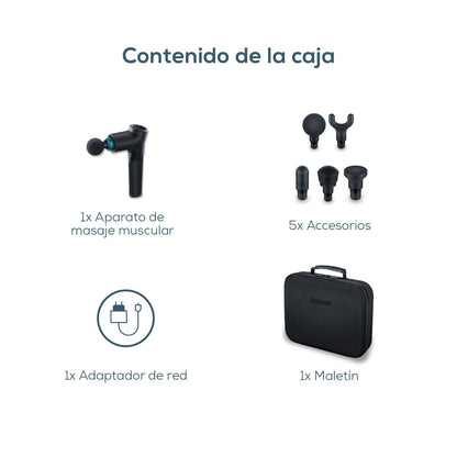 Pistola de masaje, Massage Gun con 5 accesorios, potente masaje de puntos gatillo, relajación de tensiones, masajeador muscular con 9 niveles de intensidad, con batería recargable MG 185 Beurer