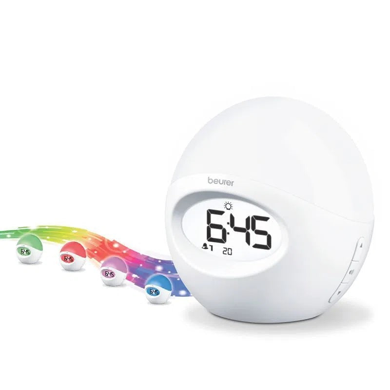 Reloj Despertador con luz de varios colores, cuenta con radio y conexión USB para reproducir música desde el celular Beurer