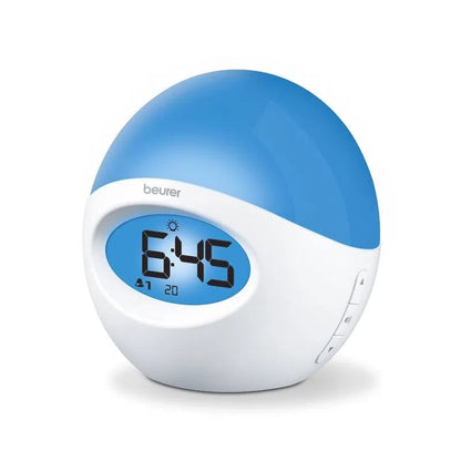 Reloj Despertador con luz de varios colores, cuenta con radio y conexión USB para reproducir música desde el celular Beurer